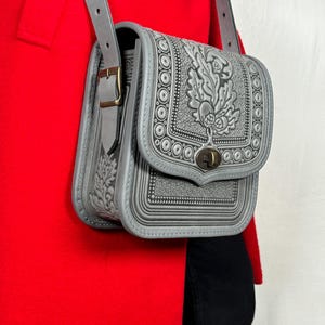 Gray Leather Crossbody Bag: Handmade Embossed Oak Leaves Purse