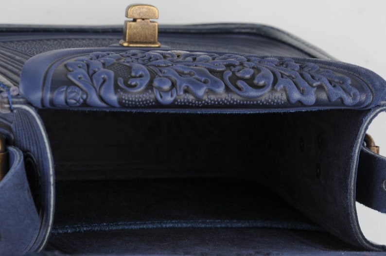 Blue leather purse, hot tooled leather, embossed leather bag, crossbody bag, shoulder leather bag, blue bag, messenger bag, gift for her image 10