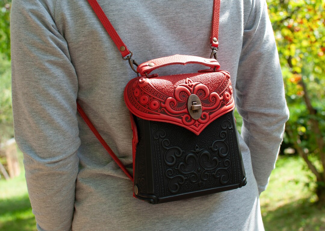 Boho Artisan Red Embroidered Leather Large Backpack Backpacks – Handaa main image 4