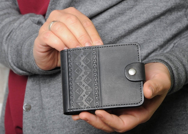 Black leather wallet mens, black pocket wallet, small men's wallet, black wallet for him, genuine leather wallet, pocket wallet image 1