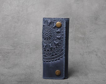 Blue Leather Key Organizer Wallet: Embossed Ethnic Design