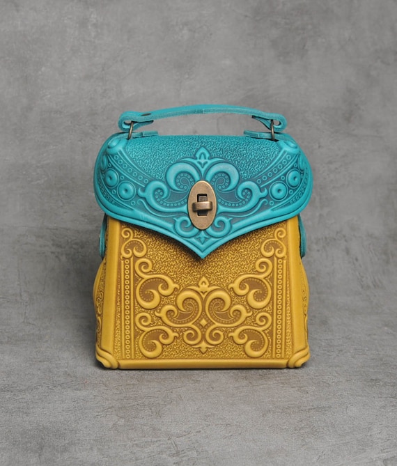 Embossed Leather Backpack: Turquoise & Yellow Boho Bag - Etsy display picture 2