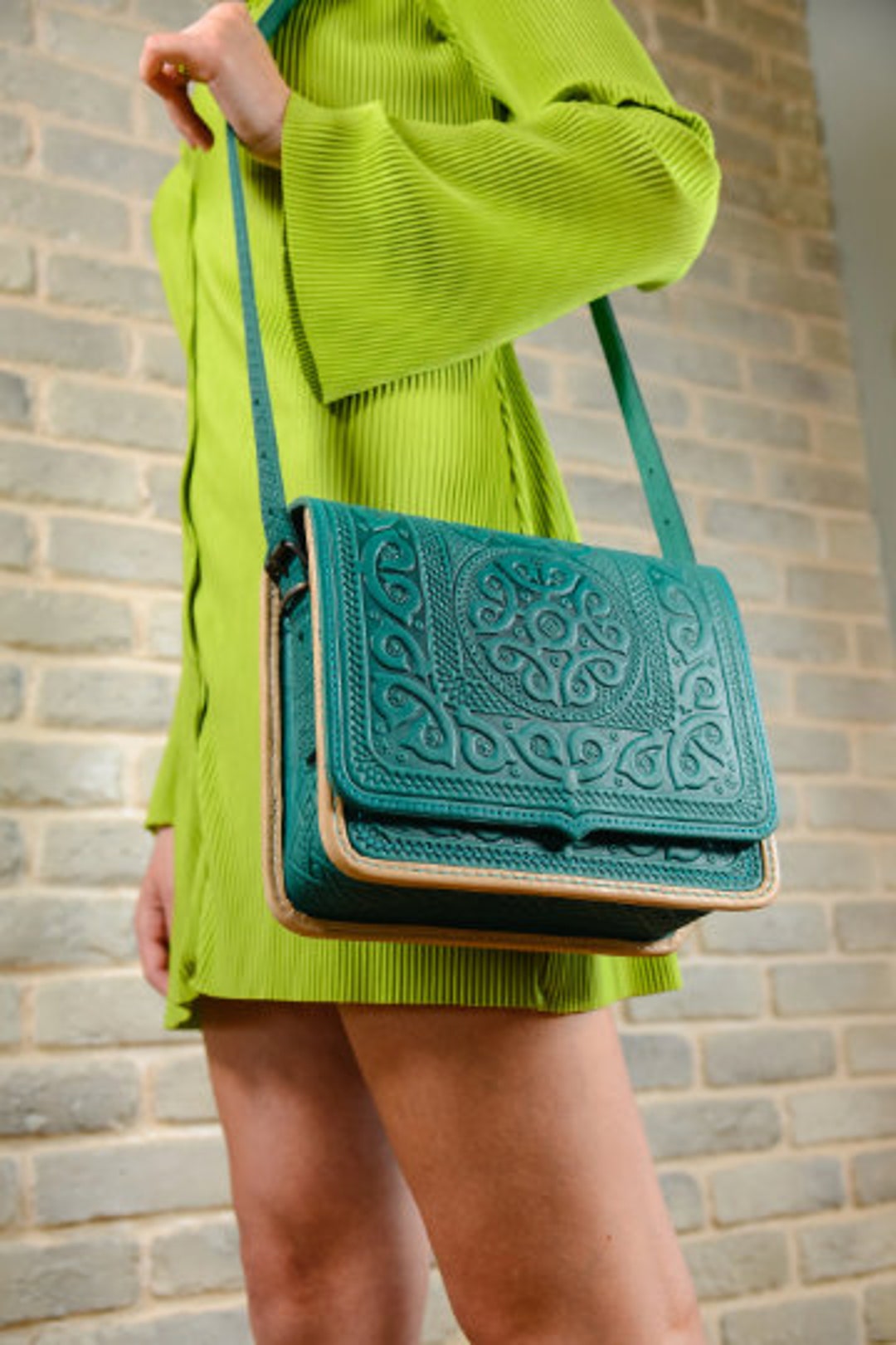 Genuine Leather Bag, Embossed Everyday Satchel, Capacious Ethnic Style ...