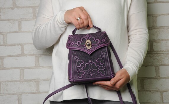 Lilac Embossed Floral Backpack Tote Metallic Floral Print Quilted Large Backpack with Charm  main image 3