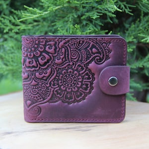 Marsala wallet, soft leather wallet, purple wallet ladies, leather billfold, small wallet women's, embossed billfold, pocket wallet