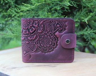 Marsala wallet, soft leather wallet, purple wallet ladies, leather billfold, small wallet women's, embossed billfold, pocket wallet