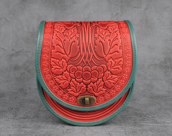 Red crossbody bag, round leather bag, red leather purse, red bag womens, crossbody bag, messenger bag, embossed leather