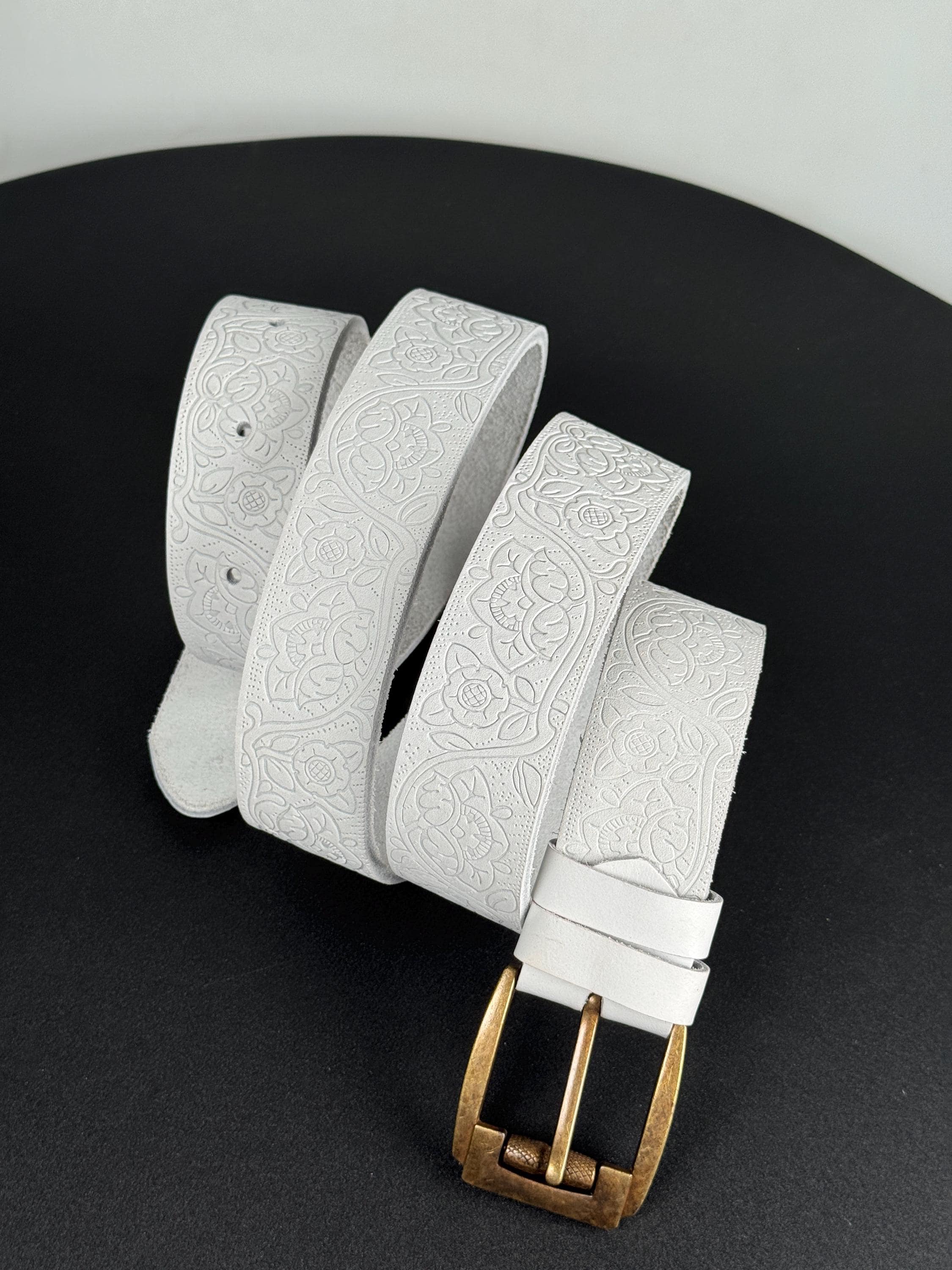 White Embossed Genuine Leather Belt for Women - Etsy