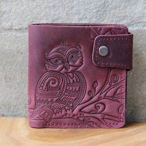 Cartera de bolsillo de piel Marsala, cartera pequeña de piel auténtica, cartera de identificación con estampado de búho