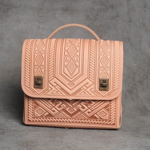 Beige leather satchel bag, leather brief case, genuine leather bag, embossed leather bag, crossbody bag, shoulder bag, capacious bag