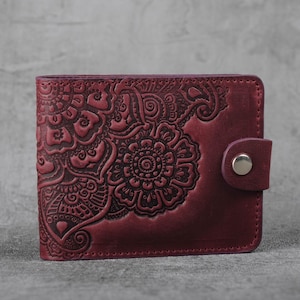 Cartera Marsala, cartera de piel suave, cartera burdeos para mujer, billetera de piel, billetera pequeña para mujer, billetera con relieve, billetera de bolsillo