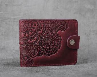 Cartera Marsala, cartera de piel suave, cartera burdeos para mujer, billetera de piel, billetera pequeña para mujer, billetera con relieve, billetera de bolsillo