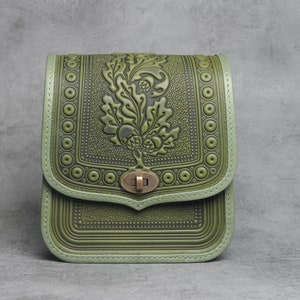 Olive leather purse, hot tooled leather, embossed leather bag, crossbody bag, shoulder leather bag, green bag, messenger bag, gift for her image 4