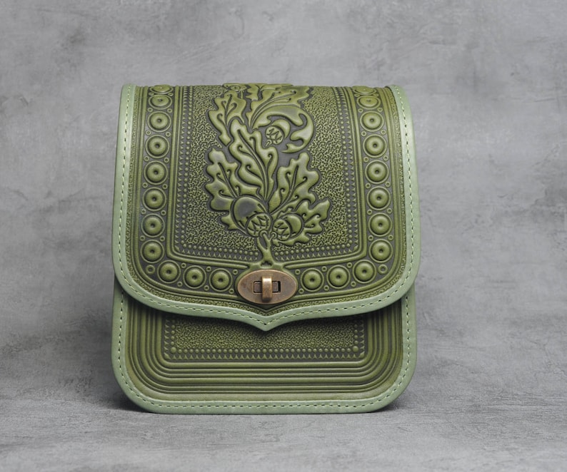 Olive leather purse, hot tooled leather, embossed leather bag, crossbody bag, shoulder leather bag, green bag, messenger bag, gift for her image 4