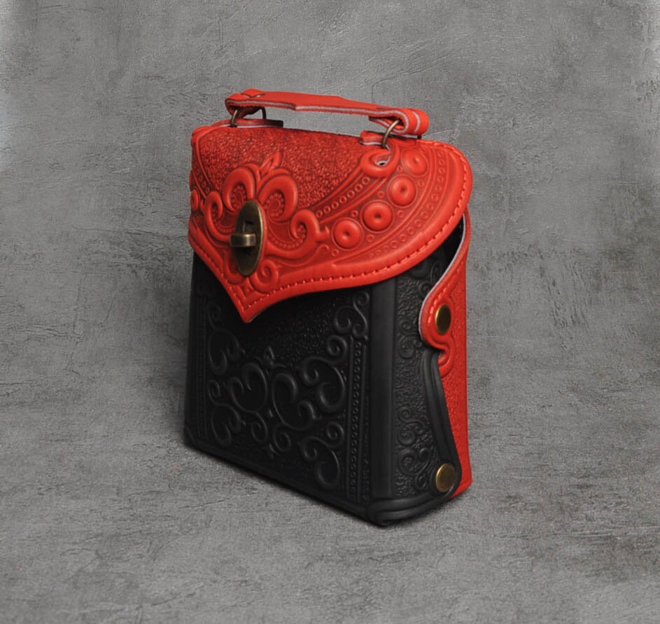 Embossed Leather Backpack: Red & Black Boho Bag - Etsy display picture 2