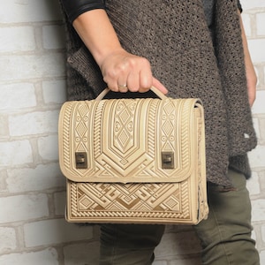 Sac cartable en cuir beige, porte-documents beige, sac en cuir véritable, sac en cuir gaufré, sac à bandoulière, sac à bandoulière, grand sac