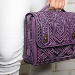 Purple leather satchel bag, genuine leather bag, embossed leather bag, leather brief case, crossbody bag, shoulder bag, capacious bag image 10