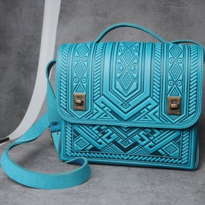 Sac cartable en cuir turquoise, porte-documents turquoise, sac en cuir véritable, sac en cuir gaufré, sac à bandoulière, sac à bandoulière, sac spacieux