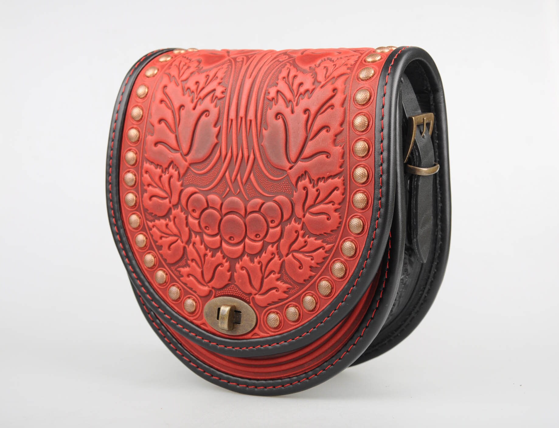 Red Bag With Metal, Round Leather Bag, Embossed Bag, Red Leather