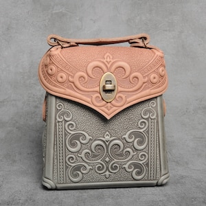 Leather boho rucksack, leather backpack women, beige+gray leather backpack, embossed leather backpack, ladies backpack, unique backpack