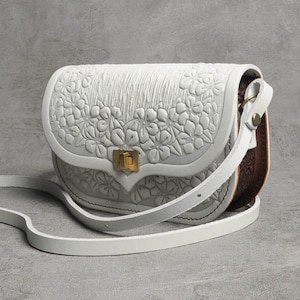 small white bag, white shoulder bag, white leather mini purse, embossed leather crossbody purse,  genuine leather bag with floral pattern