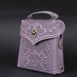 Embossed Lilac Leather Backpack: Handmade Boho Rucksack