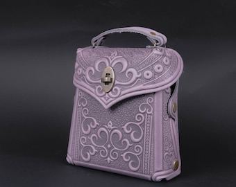 Lilac Embossed Floral Backpack Tote Embossed Lilac Leather Backpack, Small Boho Purse, Handmade  main image 4