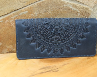 Blue Leather Wallet: Embossed Mandala, Crazy Horse Leather Clutch