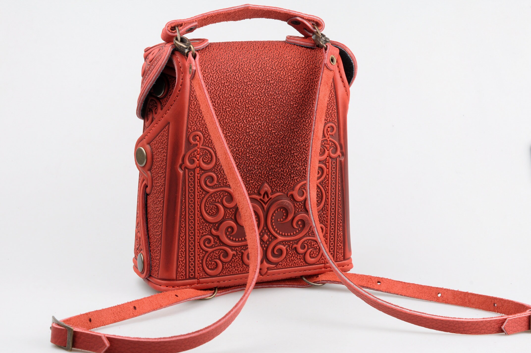 Red Embossed Backpack with Tassel Red Leather Mini Backpack With Tassel, Small Rucksack - Etsy main image 4