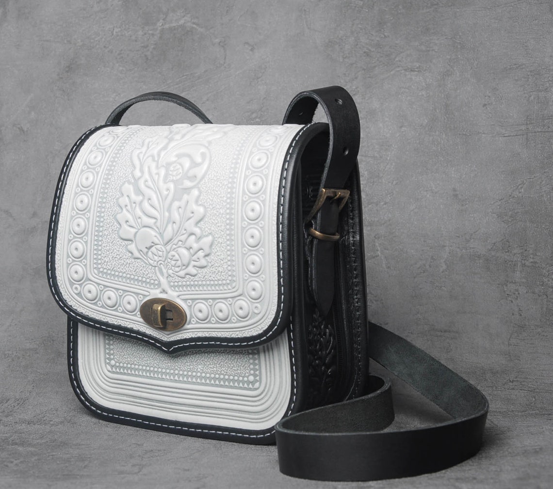 White black crossbody bag leather purse hot tooled leather Etsy