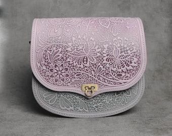 lilac/gray crossbody bag, lilac shoulder bag, bag with flowers, lilac messenger bag Flower, big leather purse, embossed leather purse