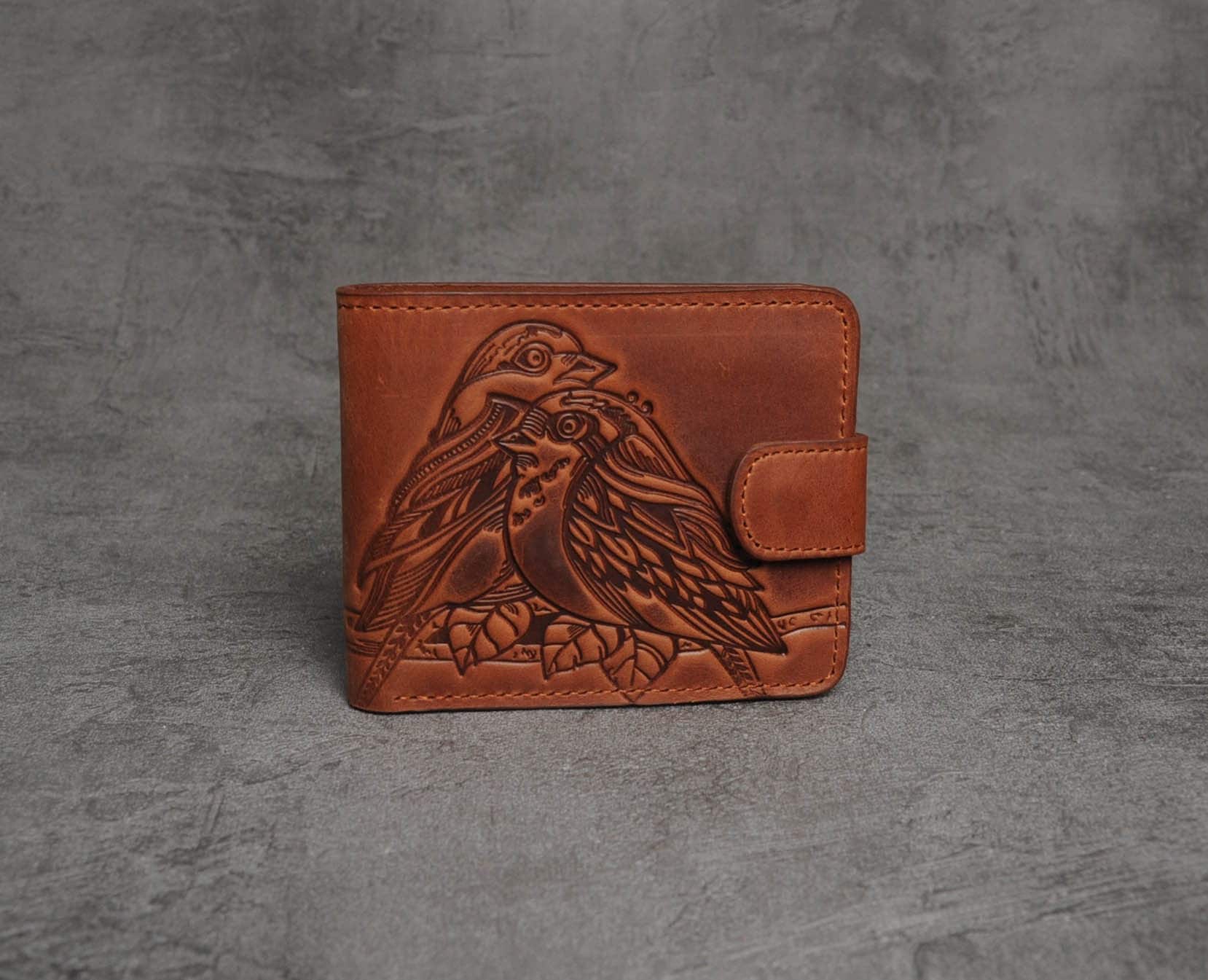 Embossed Leather Bird Wallet: Handmade Brown Billfold