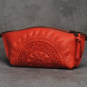 Leather cosmetic bag, Travel case, Makeup organizer, Toiletry zipper bag, Bridesmaid pouch, Small makeup bag, Embossed mandala dropp kit
