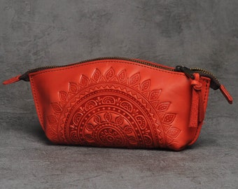 Embossed Mandala Leather Cosmetic Bag: Travel Toiletry Zipper Pouch
