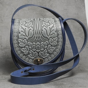 Gray/blue leather purse crossbody womens, genuine leather shoulder bag &#39;Guelder rose&#39; for ladies, ukrainian gift