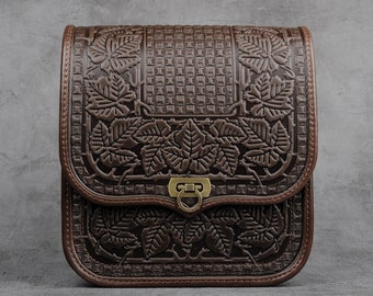 Sac à bandoulière en cuir gaufré : sac à main marron fait main