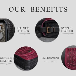 May include: Image highlighting the benefits of a leather bag. The text reads "OUR BENEFITS" with details on reliable fittings, saddle leather, genuine leather, and embossing. The bag features a buckle and decorative details.