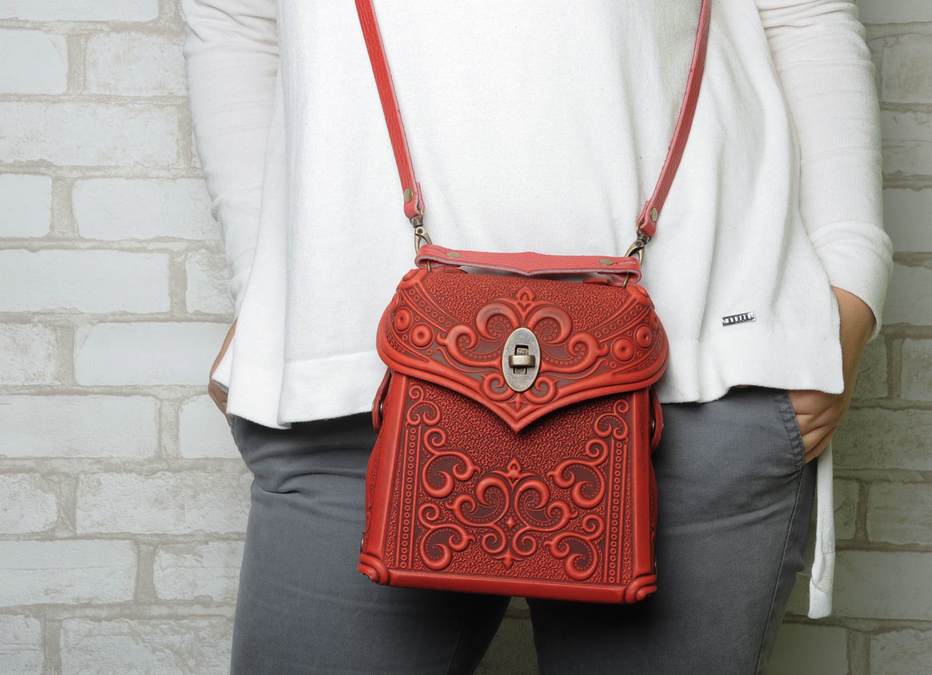 Red Embossed Backpack with Tassel Red Leather Mini Backpack With Tassel, Small Rucksack - Etsy main image 2