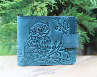 Cartera bifold pequeña de cuero verde, cartera linda de cuero genuino con imagen de búho en relieve