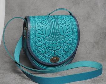 Turquoise bag womens, round leather bag, turquoise leather purse, crossbody bag, tooled turgouise bag, gift for her, embossed leather bag