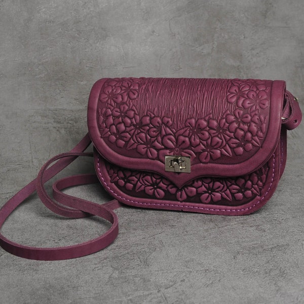 purple shoulder bag, purple leather mini purse, embossed leather crossbody purse, small viole bag, genuine leather bag with floral pattern