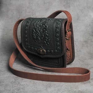 Genuine leather bag, green leather purse, embossed leather bag, crossbody bag, shoulder leather bag, green bag, messenger bag, gift for her