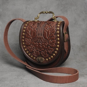 Unique leather bag with metal handle, brown shoulder bag, genuine leather bag with metal, hot tooled leather, fashionable bag for woman