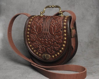Unique leather bag with metal handle, brown shoulder bag, genuine leather bag with metal, hot tooled leather, fashionable bag for woman