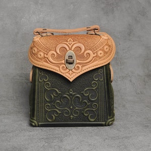 Leather boho rucksack, leather backpack women, beige+olive leather backpack, embossed leather backpack, ladies backpack, unique backpack