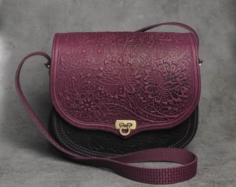 Purple/black crossbody bag, purple shoulder bag, bag with flowers, violet messenger bag Flower, big leather purse, embossed leather purse