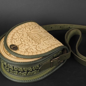 Embossed Leather Crossbody Bag: Handmade Beige Round Purse