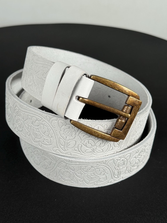White Embossed Genuine Leather Belt for Women - Etsy Israel display picture 3