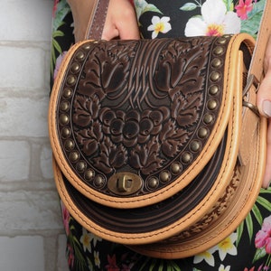 Brown bag with metal, brown leather purse, brown crossbody bag, round leather bag, embossed bag, guelder rose bag, shoulder purse