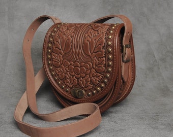 Brown bag with metal, round leather bag, embossed bag, bordeaux leather purse, crossbody bag, guelder rose bag, gift for her, shoulder purse